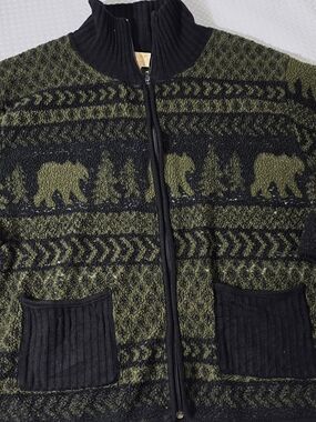 Tally Ho Olive Green & Black Zip-Up Bear Motif Sweater Jacket